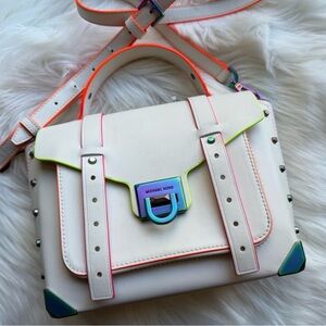 NWOT NEVER USED Manhattan Medium Contrast-Trim Leather Satchel 🤍🧡💚💛🩵🩷💙💜🤍